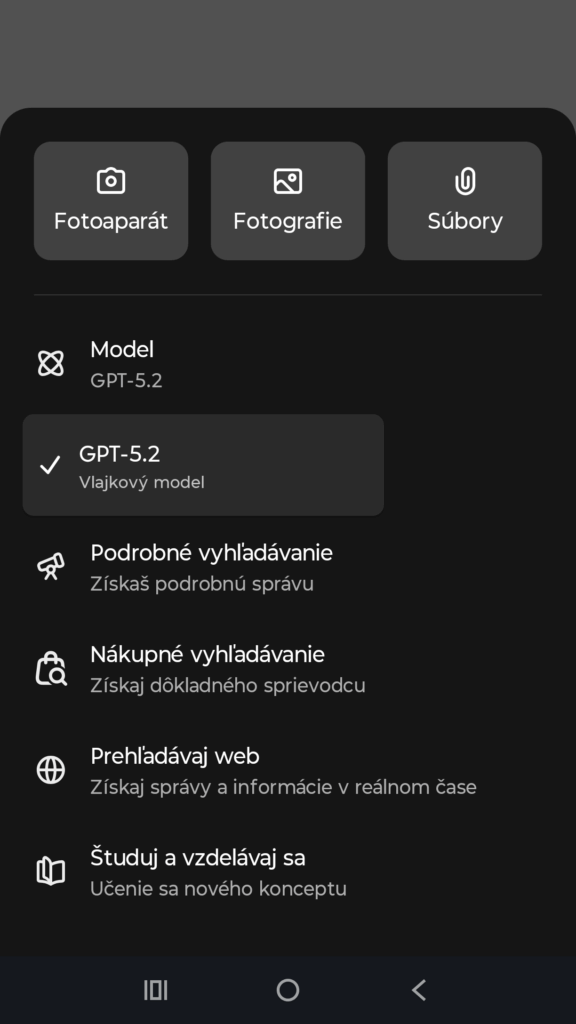 chatgpt go menu z aplikacie v smartfone