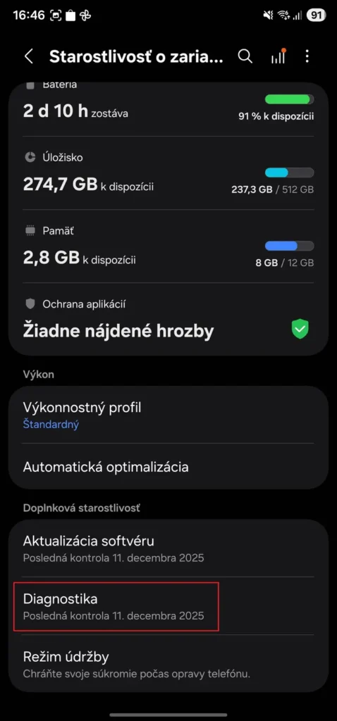Diagnostika v Galaxy smartfónoch