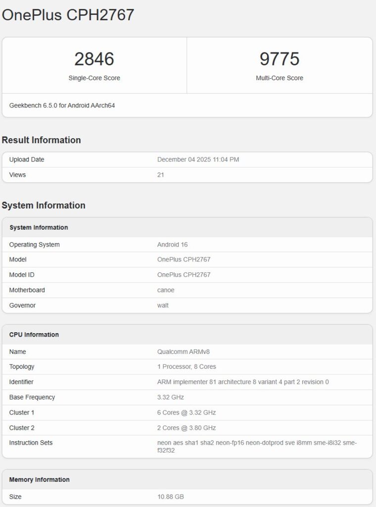 OnePlus 15R v Geekbench