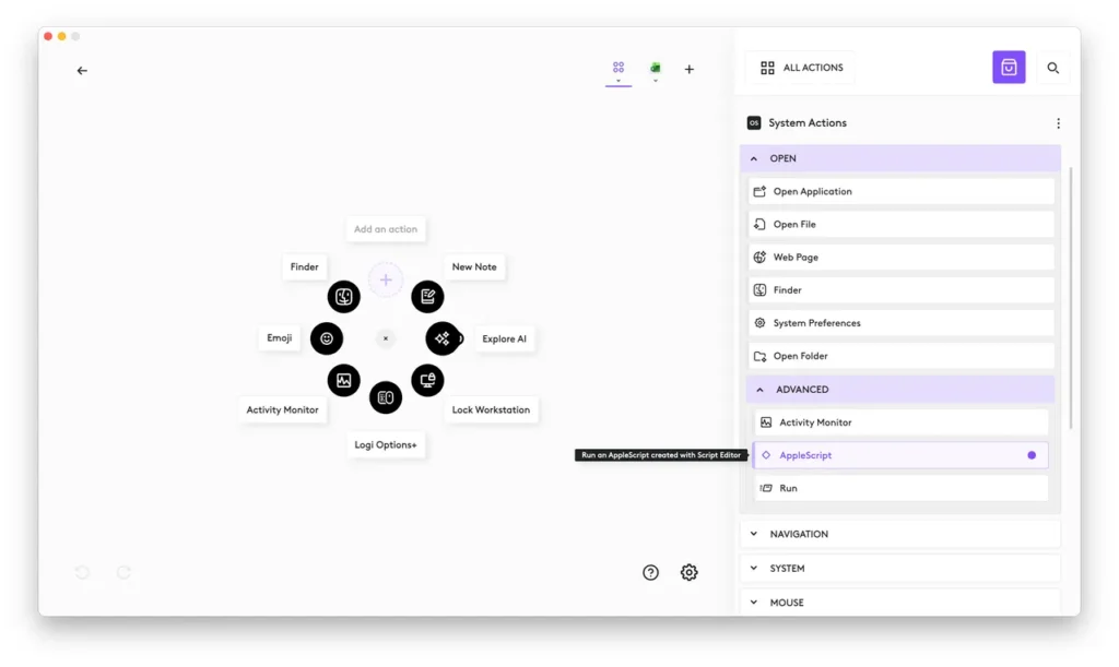 Nastavenie funkcií pre Actions Ring v aplikácii Logi Options+