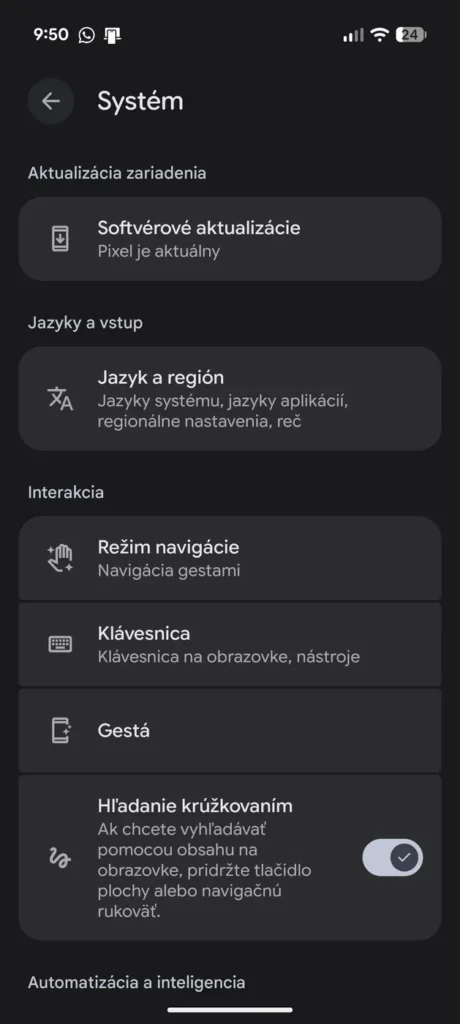Nastavenia systému v Androide 16 QPR3 Beta 2