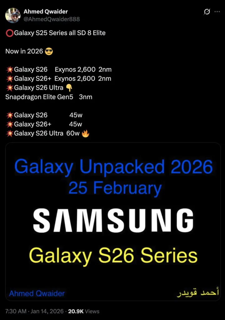 Rýchlosti nabíjania v sérii Galaxy S26