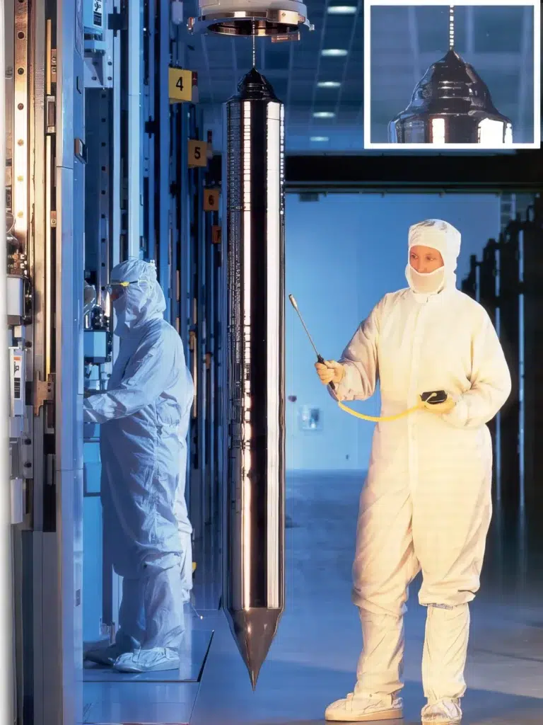 Kontrola vypestovaného ingotu vytiahnutého zo stroja