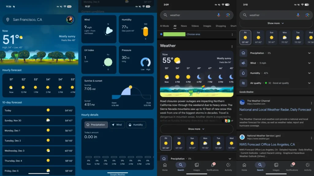 Vľavo miniaplikácia s počasím, vpravo nové zobrazenie počasia priamo vo výsledkoch vyhľadávania