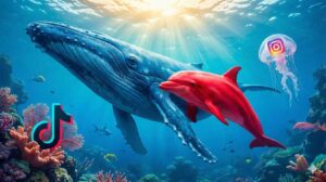 modra velryba cerveny delfin