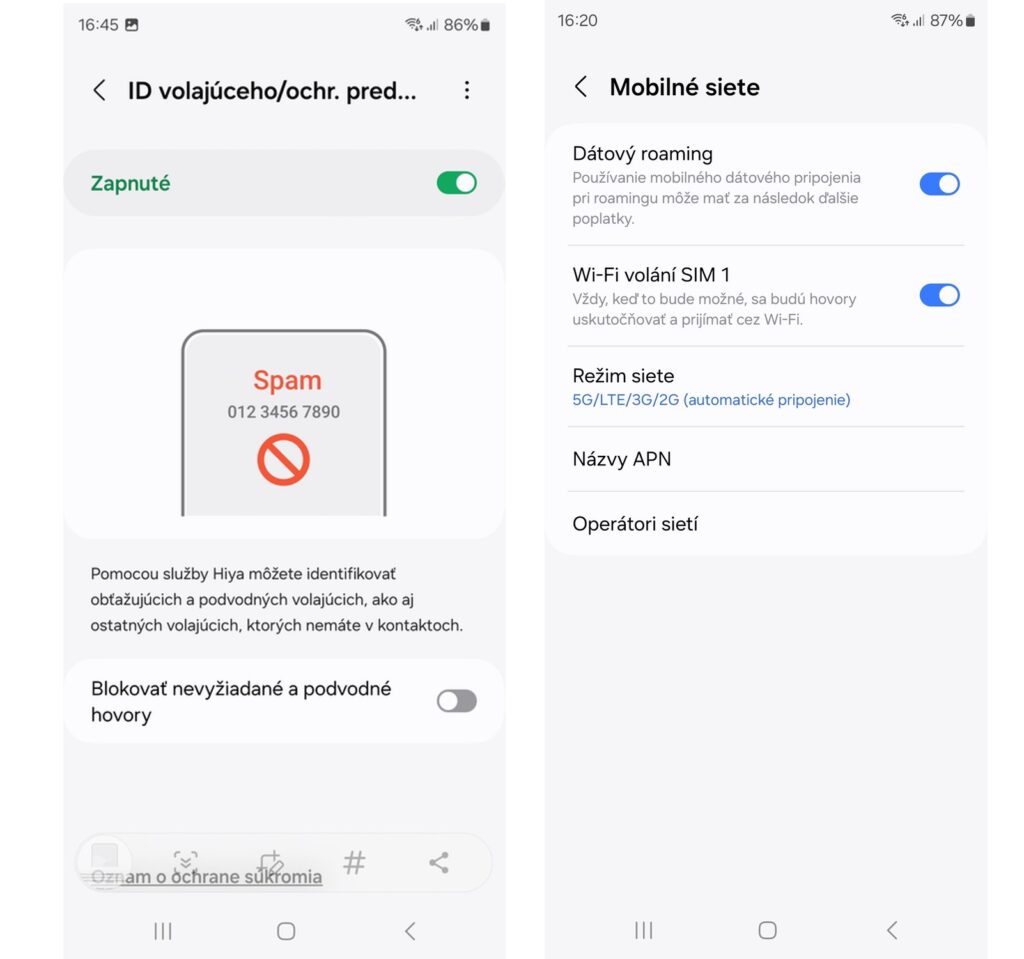 Vypnutie blokovania SPAM čísiel sprostredkované službou Hiya a zakázanie funkcie Wi-Fi volaní v nastavení Androidu