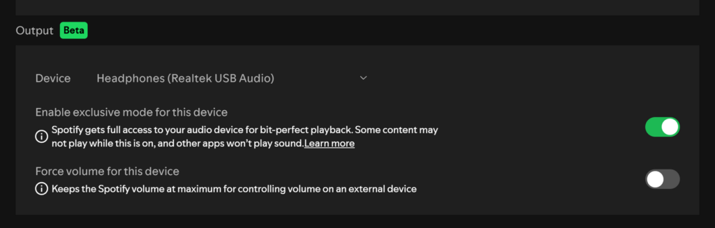 spotify Desktop - Audio Output Settings