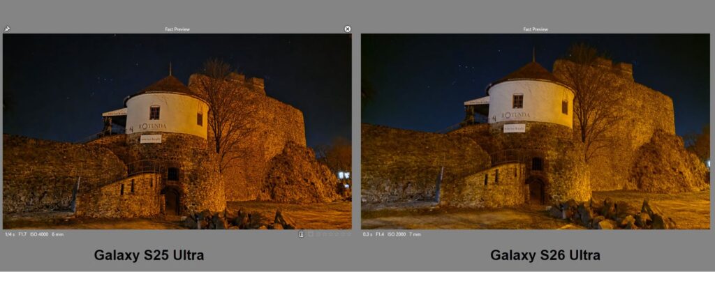 Nočné fotky pomocou telefónu Galaxy S25 Ultra a S26 Ultra