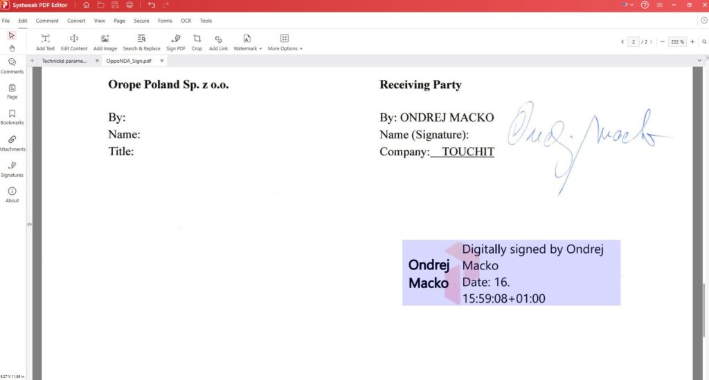 Systweak PDF Editor vám umožňuje aj pridať vytvorený digitálny podpis do dokumentu