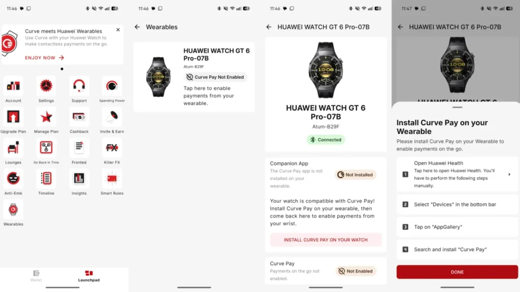 Aplikácia Curve už zobrazuje platenie Huawei hodinkami. Na Slovensku si však musíme ešte počkať