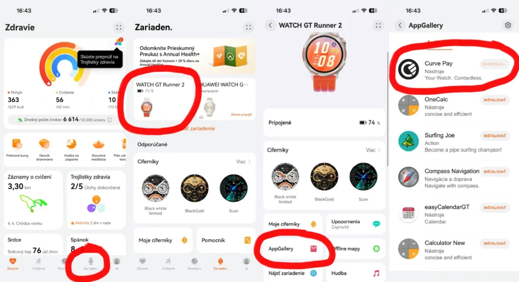 Inštalácia aplikácie Curve Pay z obchodu AppGallery do hodiniek Huawei Watch GT a Watch Fit