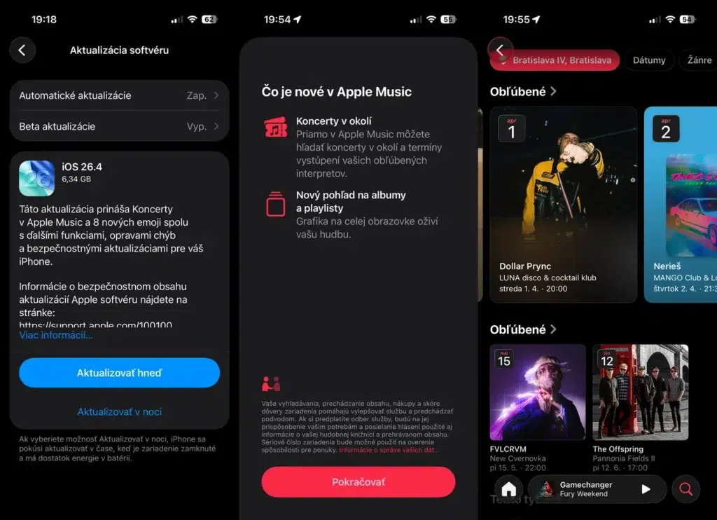 iOS 26.4 prináša novú funkciu v aplikácii Hudba s názvom Koncerty