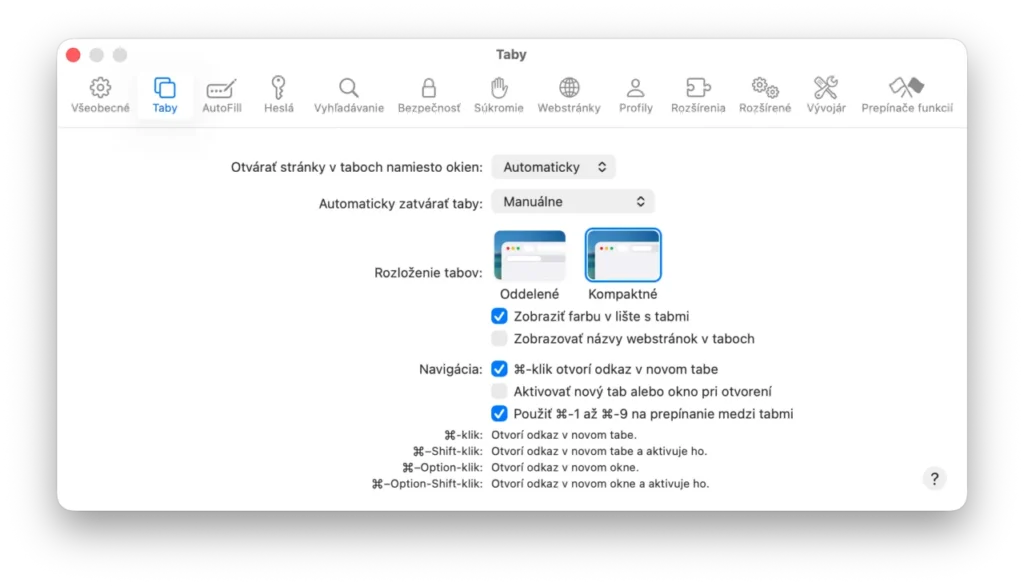 Nastavenie kompaktného rozloženia tabov v macOS 26.4