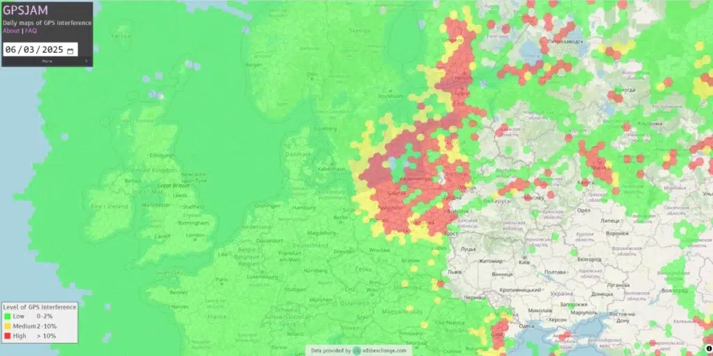 Mapa prebiehajúceho rušenia signálov navigačných systémov na začiatku júna