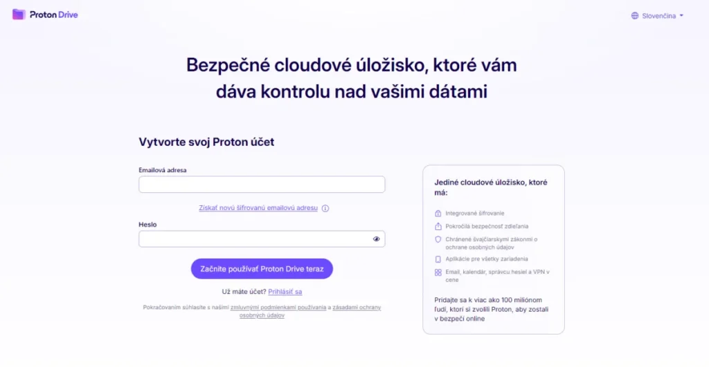 Zakladanie účtu pre cloudovú šifrovanú službu Proton Drive