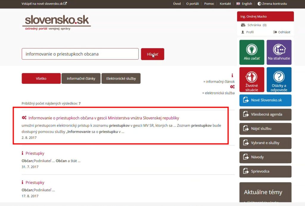 Vyhľadanie danej služby po prihlásení na Slovensko,sk