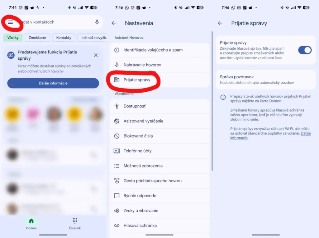 Nastavenie funkcie Prijatie správy