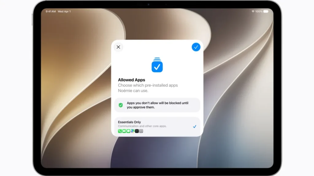 Voľba aplikácií, ktoré môže dieťa používať, pri úvodnom nastavení iPadu so systémom iPadOS 27