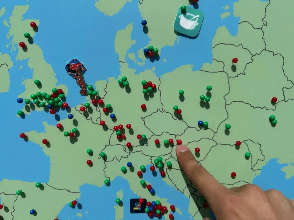 Interaktívna mapa „Drop a pin", na ktorú si každý vývojár pripol špendlík podľa toho, ako dlho už programuje. Prst mieri na Slovensko, pravdepodobne jediná bodka za našu krajinu