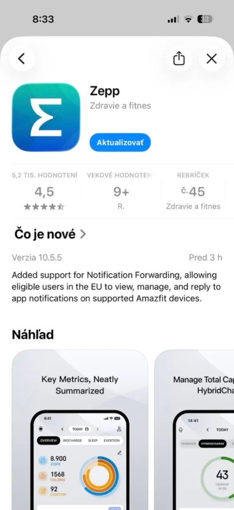 Aktualizácia aplikácie Zepp pre iPhone