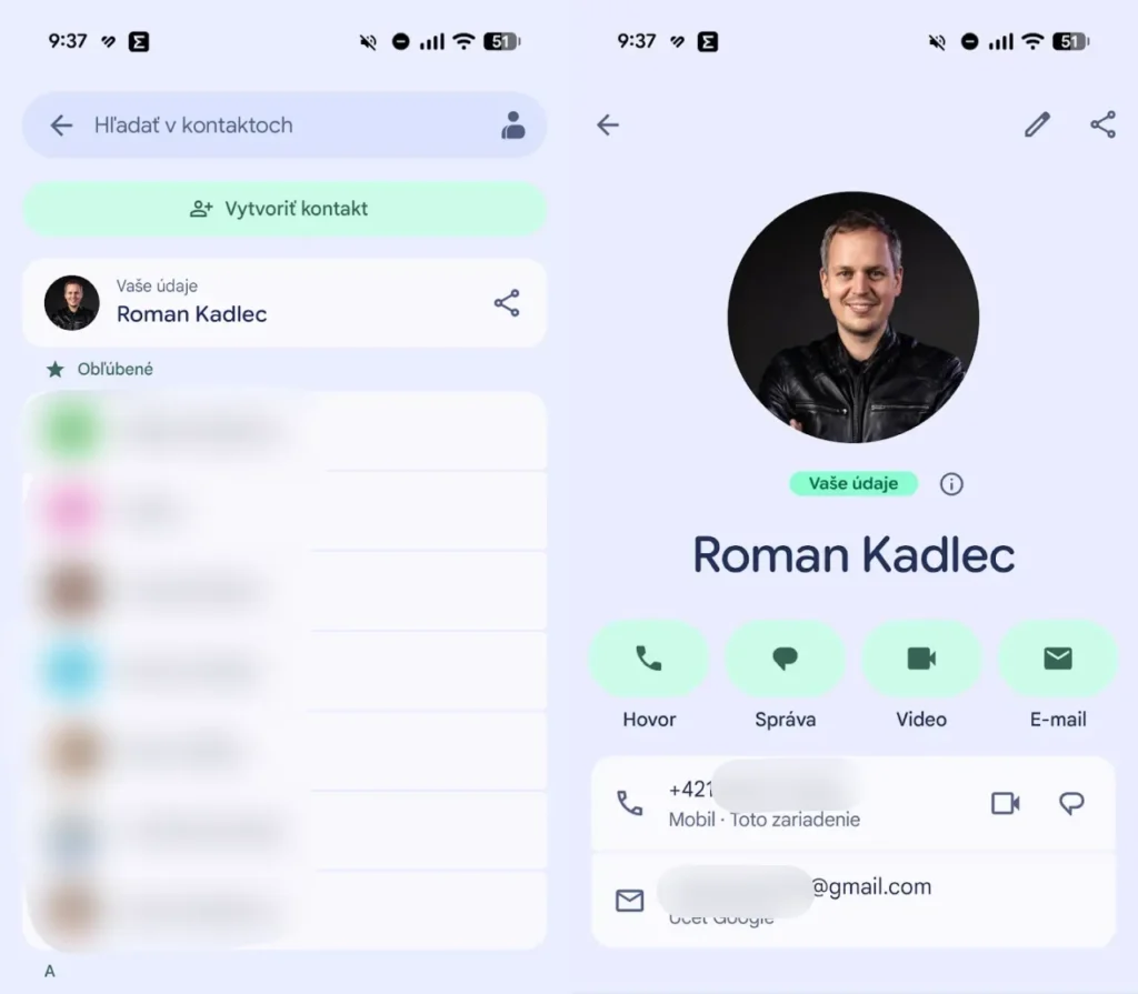 Sekcia Vaše údaje v aplikácii Kontakty