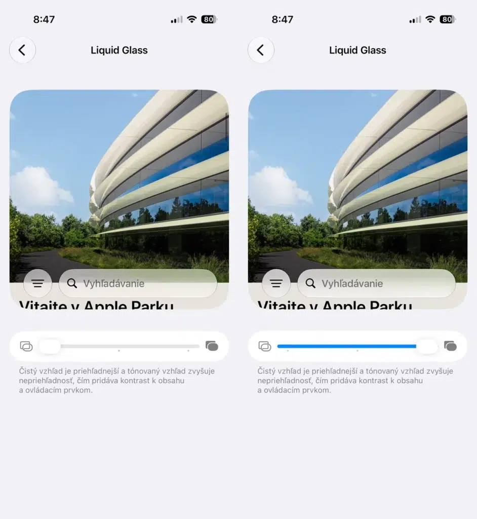 Nastavenie priehľadnosti dizajnu v iOS 27