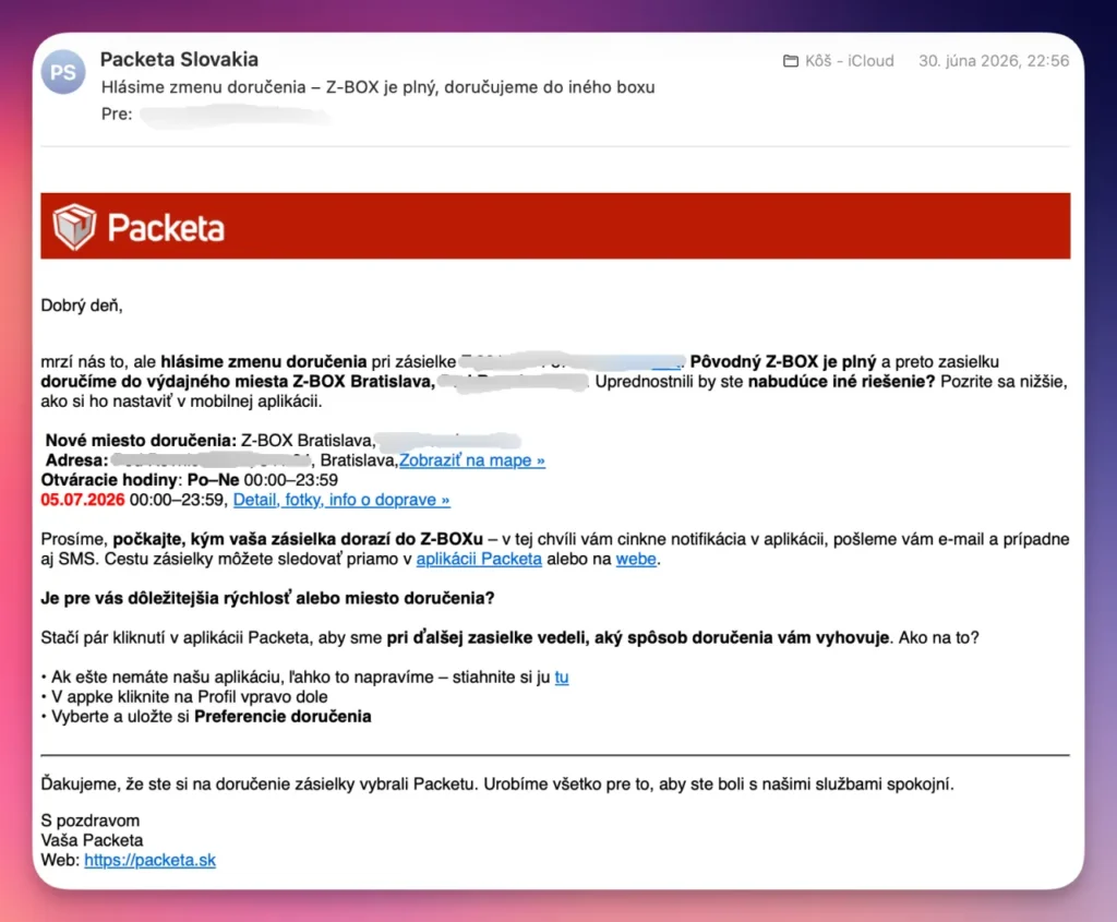 Email Hlásime zmenu doručenia – Z-BOX je plný, doručujeme do iného boxu