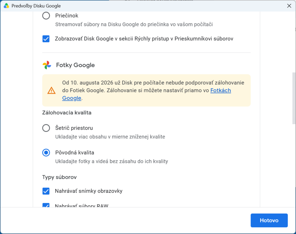 google disk nastavenia fotky