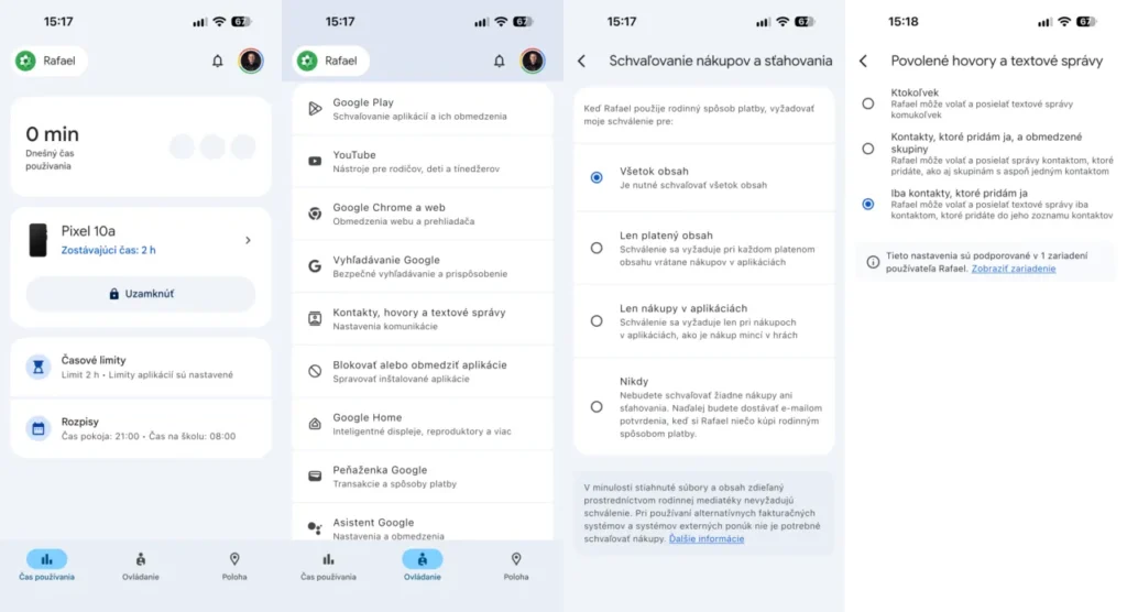 Niektoré rodičovské nastavenia v službe Google Family Link